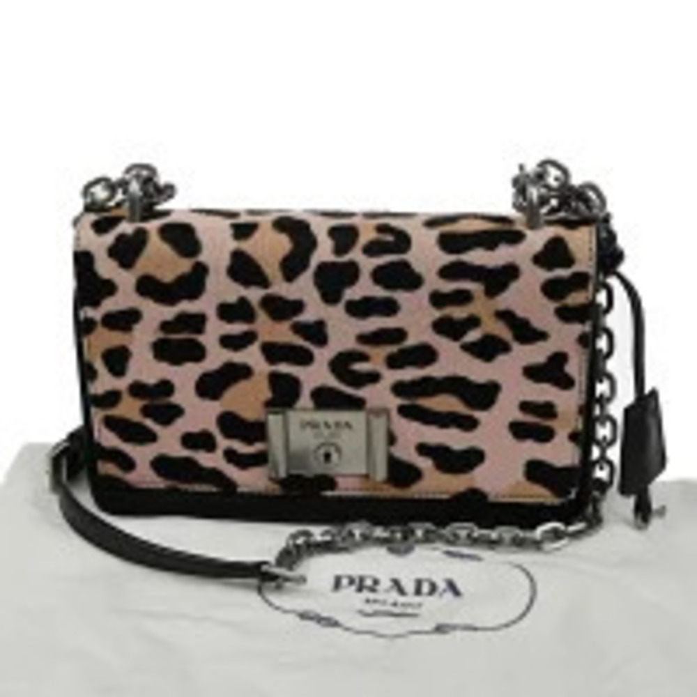Prada Milano Leopard Shoulder Bag Hair on Leather Black Pink